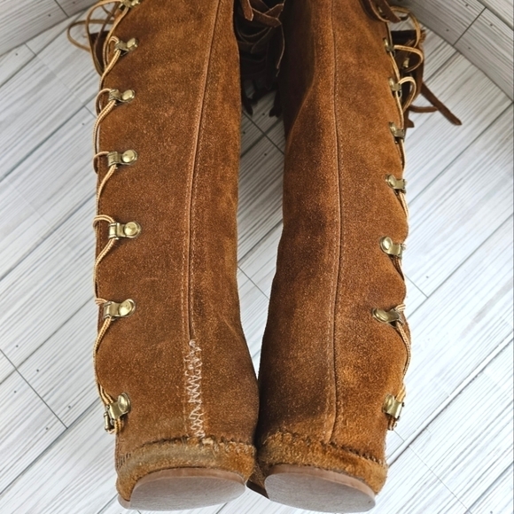 Vintage Suede Lace Up Moccasin Fringe Boots in Umber Brown Women's Size 5 - Picture 9 of 12